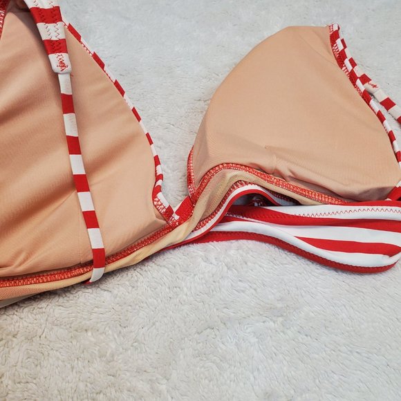J. Crew Red White Stripe High Rise 2 Pc Swimsuit Bathing Suit Bikini Set Women L - Picture 6 of 9